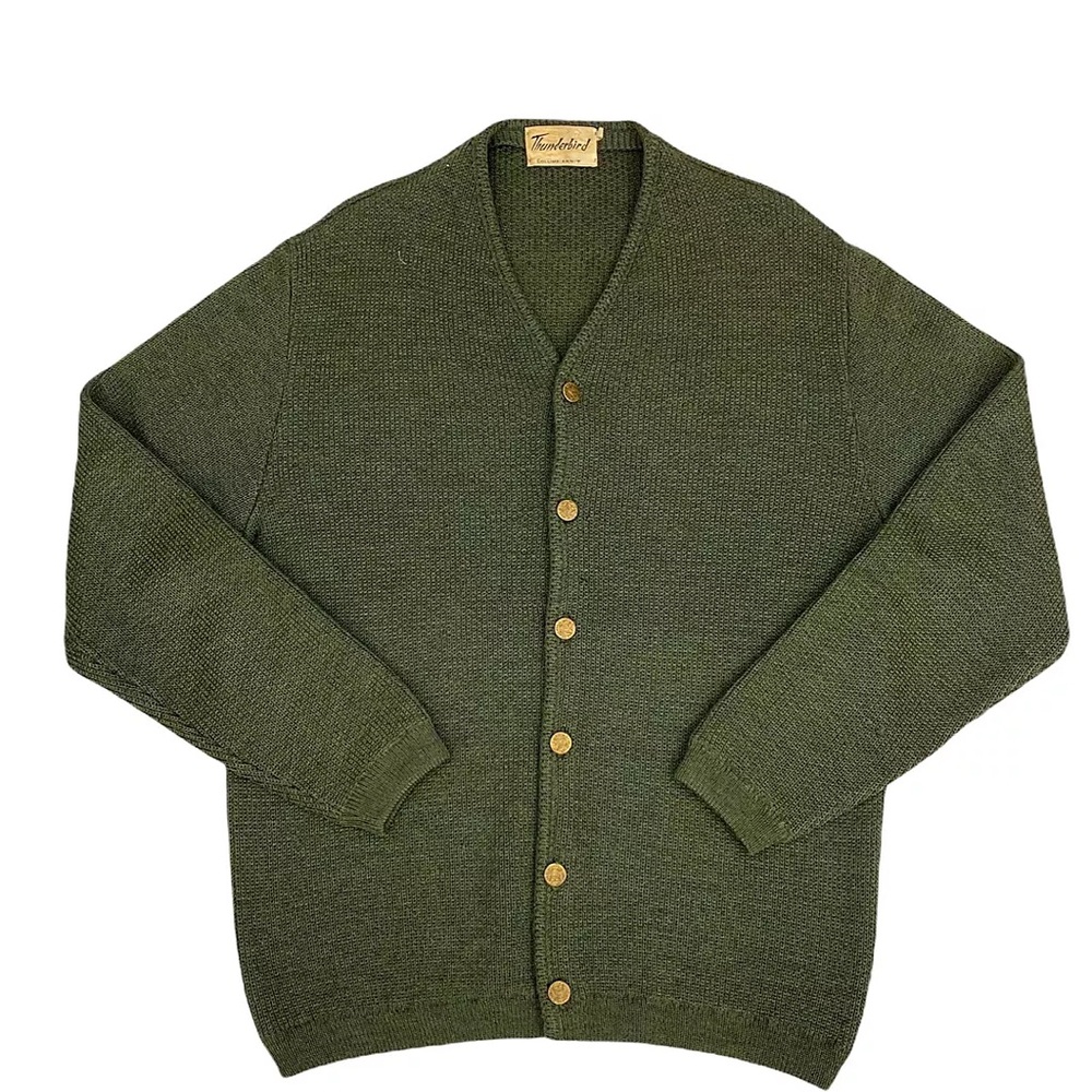 1950s Vintage Wool Cardigan Sweater Green Thunderbird Columbia Knit 2X